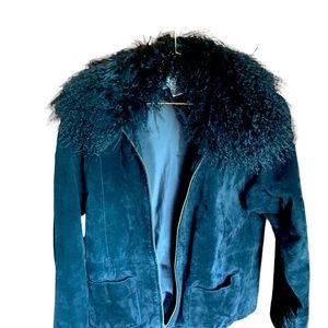 VINTAGE SUEDE MONGOLIAN FUR JACKET FUNKY RETRO 80s 90s VIBES Lisa International
